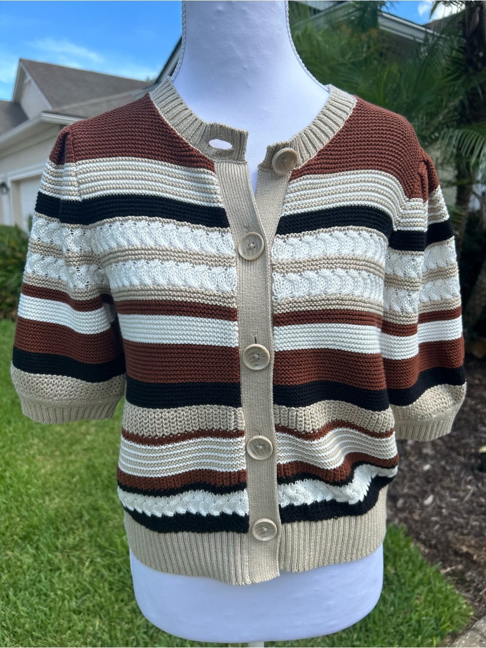 NWT🌷EXPRESS Cotton Striped Crew Neck Puff Sleeve Cardigan